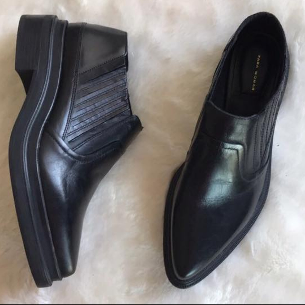 ZARA Black Leather Ankle Booties UK 40 US 9